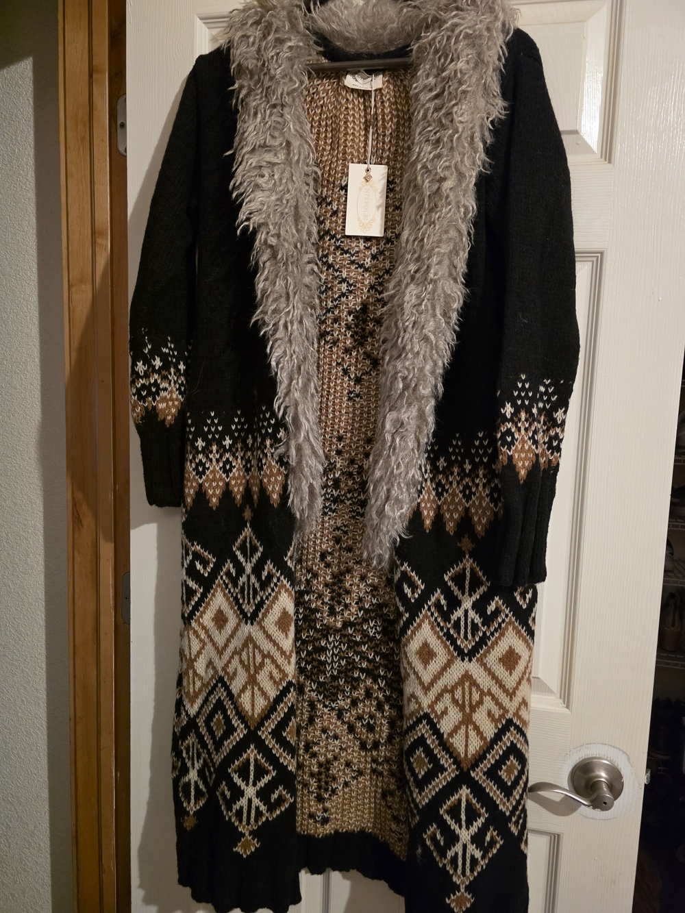 Joyfolie Black and Brown Long Knit Cardigan with Gray Faux Fur Trim